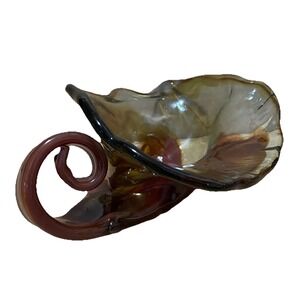 Vintage Murano Style Swirl Sculptured Art Amber Brown Glass‎ Glass Candy Dish